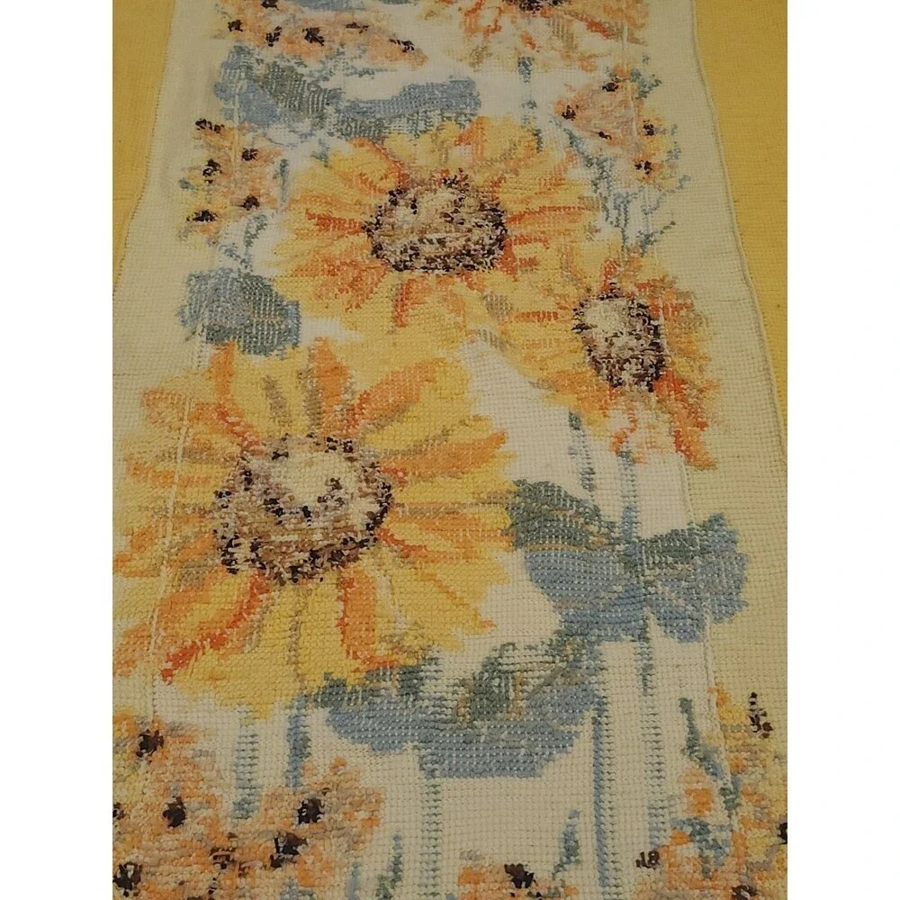 Vintage Handmade Sunflower Knit Throw Blanket‎ Orange Yellow Fringe 76x48 Retro
